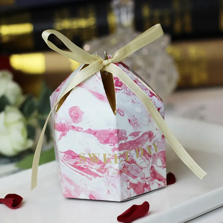 Wholesale Wine Red Hexagon Shape Wedding Favors Candy Gift Paper Box Souvenirs Gift Box With Ribbon