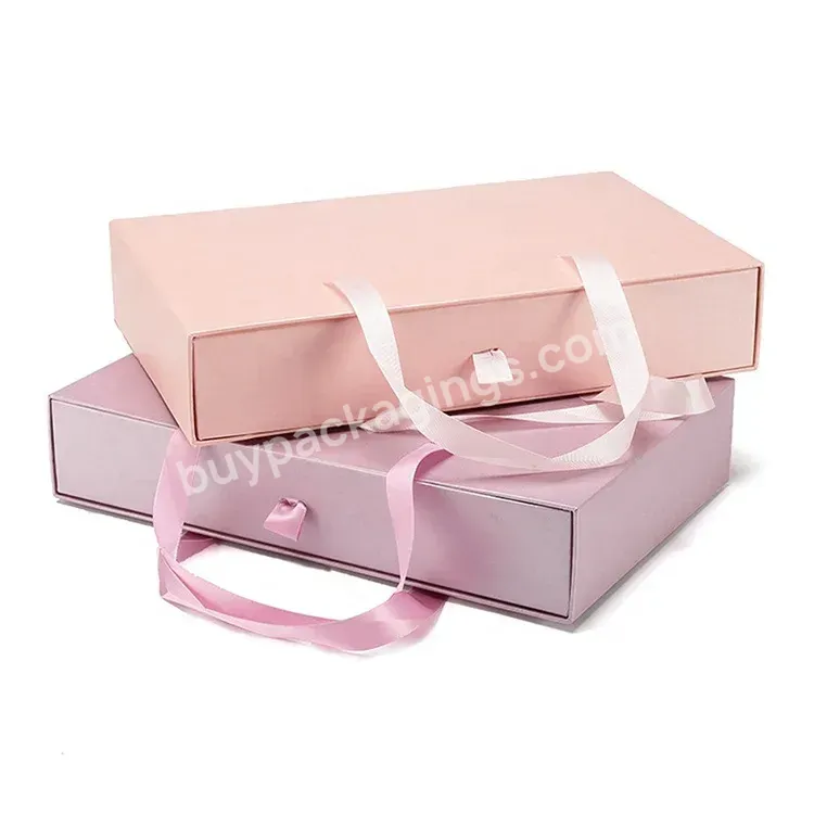 Custom Logo Pink Rigid Paper Clothes Package Slide Drawer Gift Box Packaging With Handle