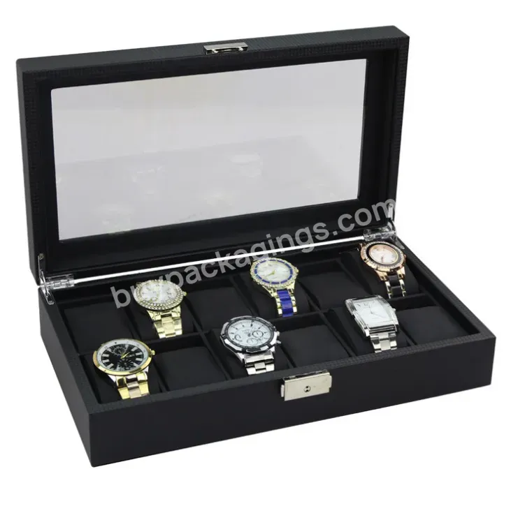 12 Slots Large Capacity Black Pu Leather Gift Luxury Watch Box With Display Window Watch Packaging For Men - Buy Watch Box,Watch Display Box,Watch Storage Box.