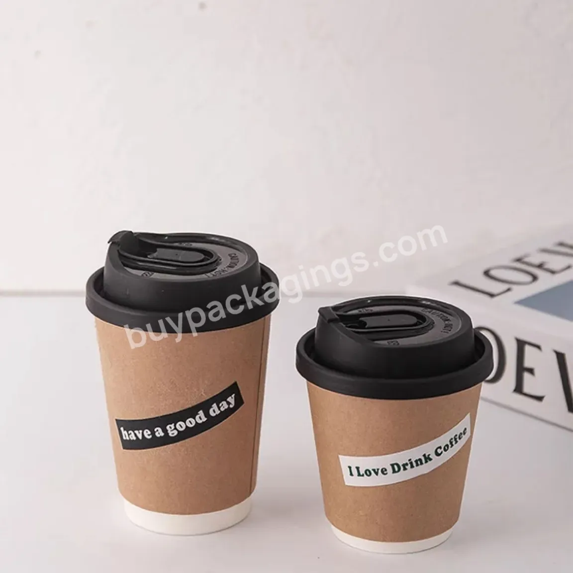 8oz 12oz 16oz Double Wall Paper Cup Pp Plastic Lid Coffee Cups Printed Disposable Insulated Paper Cup