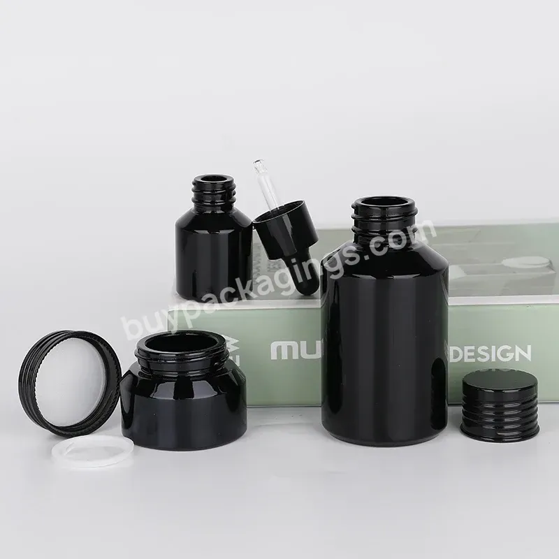 Black Glass Cosmetic Bottles Set 30g 50g Cosmetic Cream Jar Press Pump Skincare Bottle Serum Glass Dropper Bottle