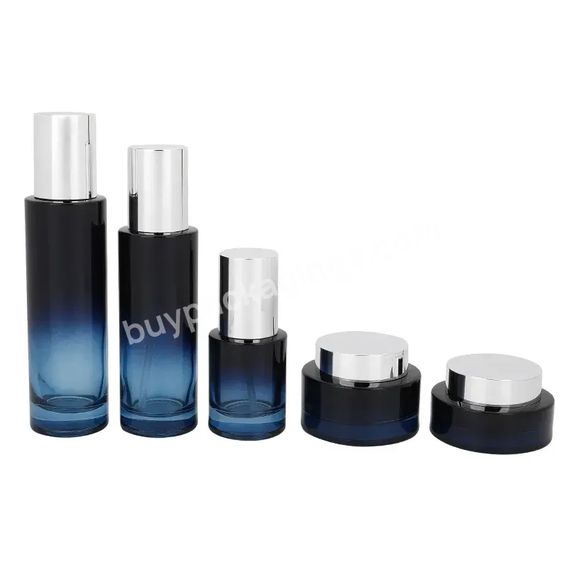 Blue Black Gradient Round Cylinder Cosmetic Glass Bottle Sets Cream Jar For Skincare Serum Glass Bottle - Buy Cosmetic Glass Bottle Sets,Glass Jar For Skincare,Glass Cream Jar.