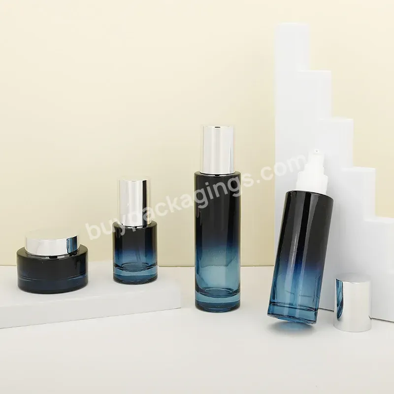 Blue Black Gradient Round Cylinder Cosmetic Glass Bottle Sets Cream Jar For Skincare Serum Glass Bottle - Buy Cosmetic Glass Bottle Sets,Glass Jar For Skincare,Glass Cream Jar.