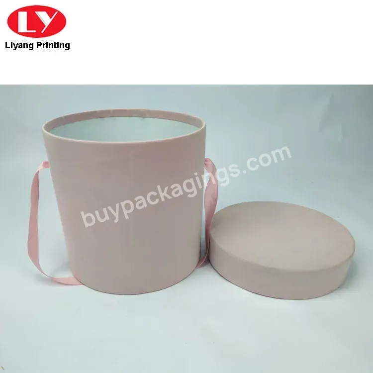 Caja Para Flores Ribbon Handle Custom Pink Suede Paper Packaging Cardboard Round Flower Box