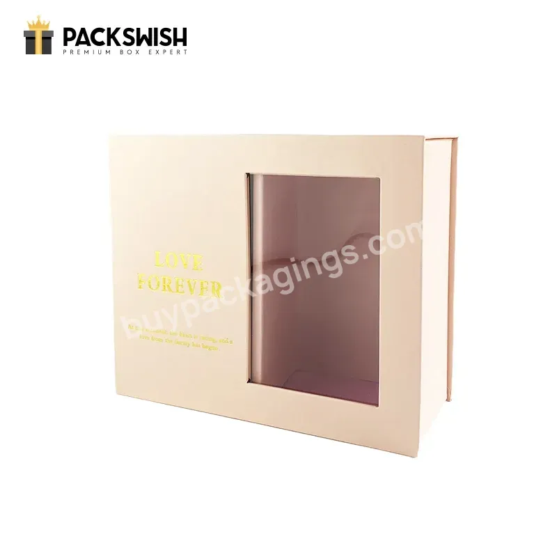 Cardboard Foldable Clear Window Pink Paper Box Small Wedding Custom Lid Flower Luxury Bridesmaid Magnetic Packaging Gift Box