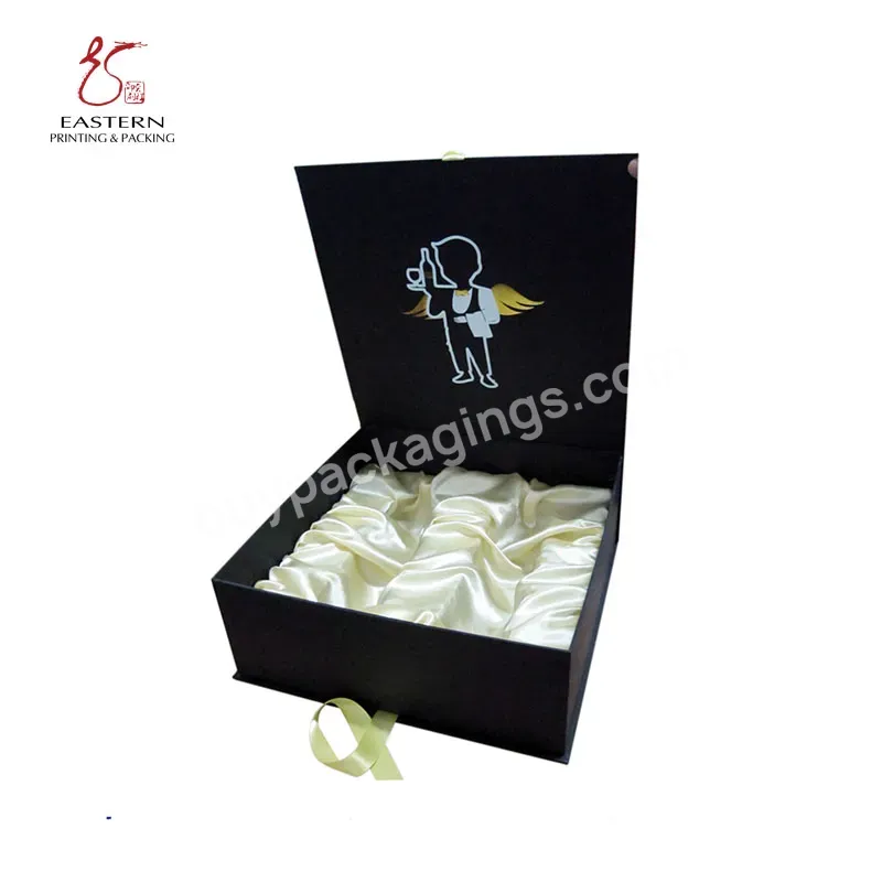 Custom Black Matte Gold Foil Flap Boxes With Ribbons Luxury Gift Boxes For Clothes Shoes Cosmetic With Stain Insert