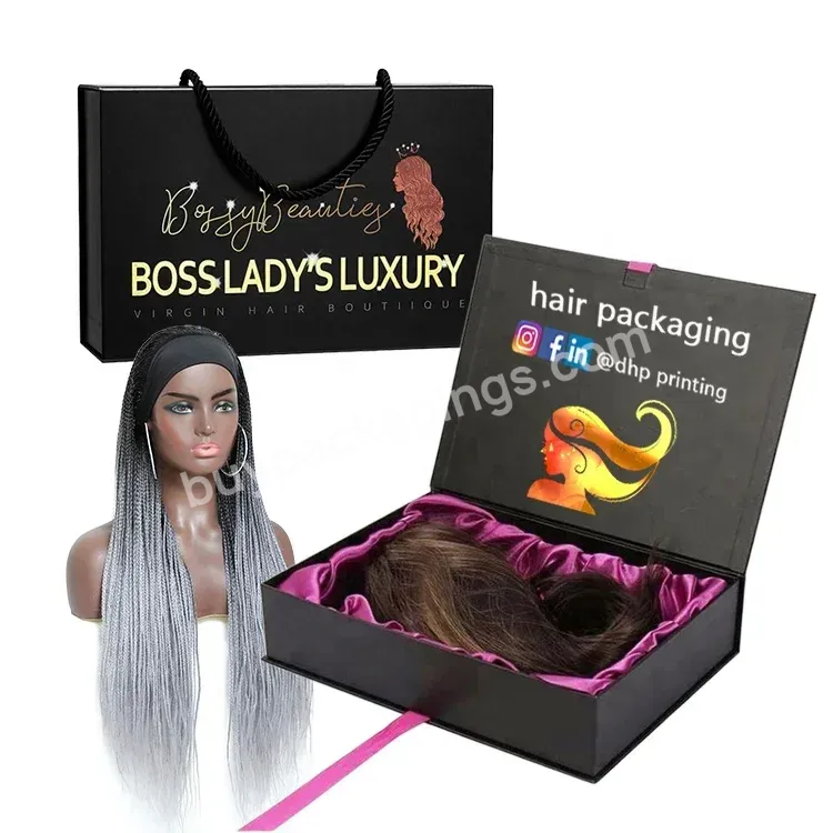 Custom Design Gold Foil Paper Rigid Paper Cardboard With Satin Magnetic Flap Wigs Hair Extension Packaging Box