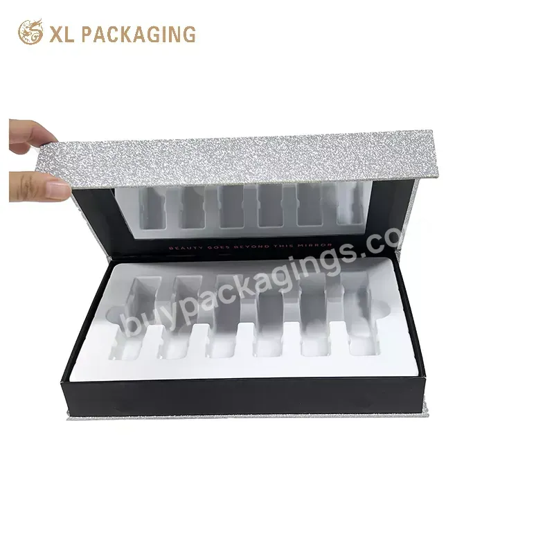 Custom Flip Top Sliver Glitter Paper Mirror Makeup Lipstick Box Packaging Magnetic Closure Box Set