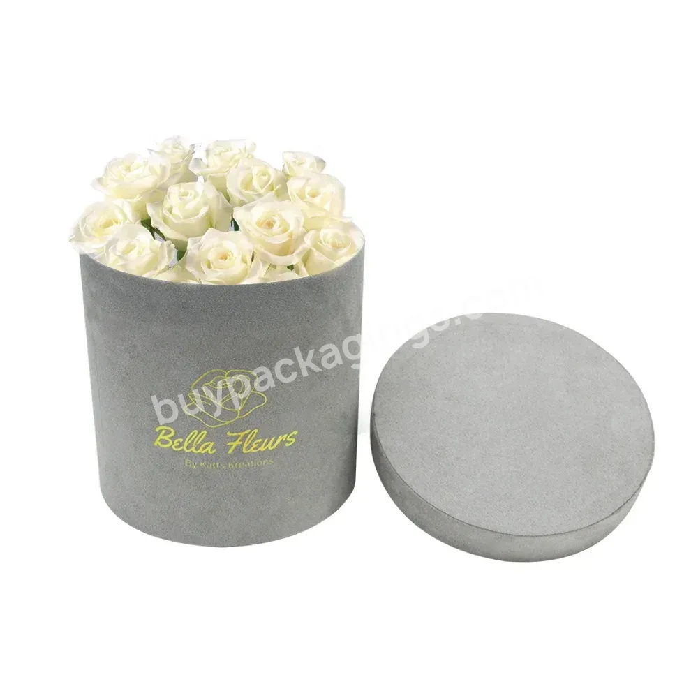 Custom Gray Luxury Hot Round Paper Suede Flower Box Round Flower Hat Box Velvet Rose Flower Packaging Box