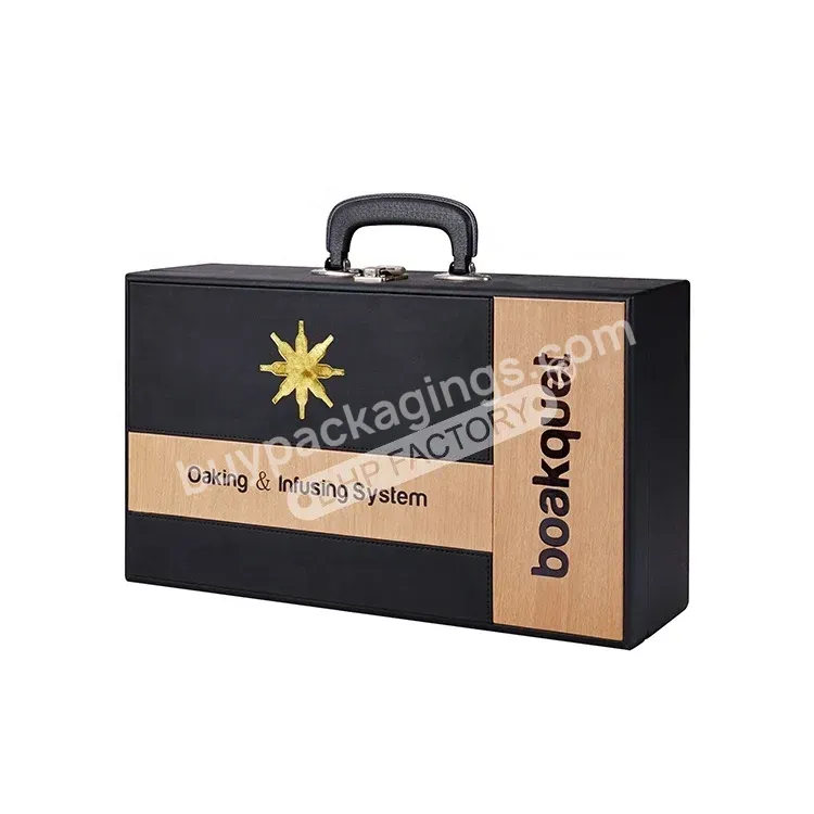 Custom Handle Black Luxury Glass Packaging Double 750ml Bottles Gift Faux Pu Leather Wine Box