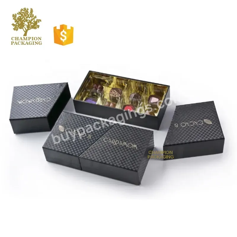 Custom Logo Luxury Paper Black And Gold Foil Box Packaging Rigid Chocolate Lid And Base Bottom Gift Packaging Box With Ribbon