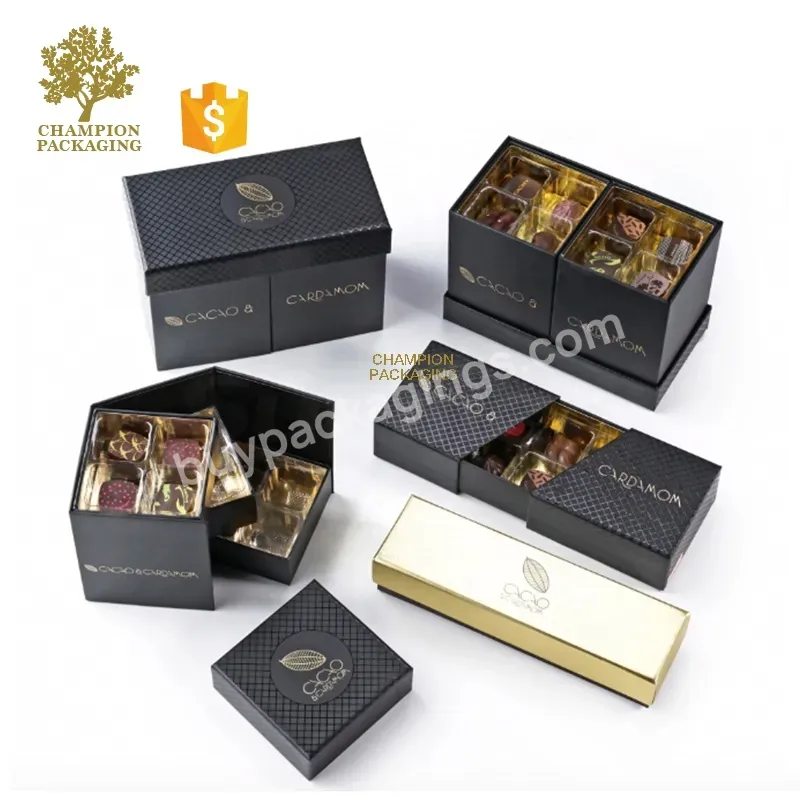 Custom Logo Luxury Paper Black And Gold Foil Box Packaging Rigid Chocolate Lid And Base Bottom Gift Packaging Box With Ribbon