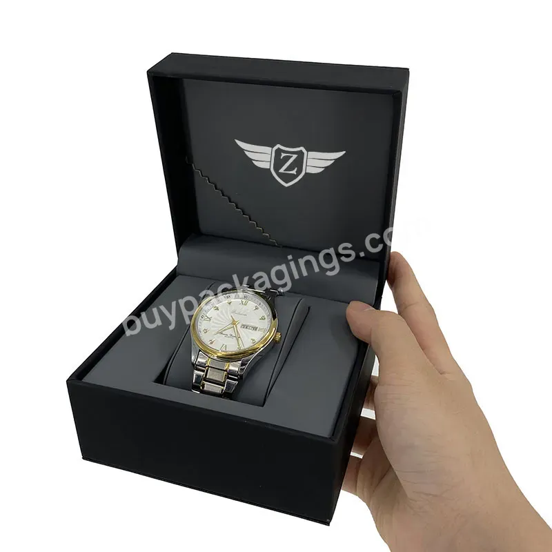 Custom Logo Luxury Watch Box Modern Wristwatch Packaging Box With Fashion Black Pattern Paper Soft Plush Pillow