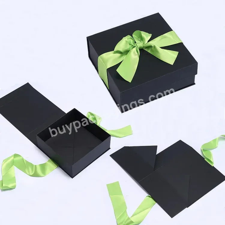 Custom Luxury Folding Black Cardboard Large Foldable Magnetic Gift Box With Ribbon