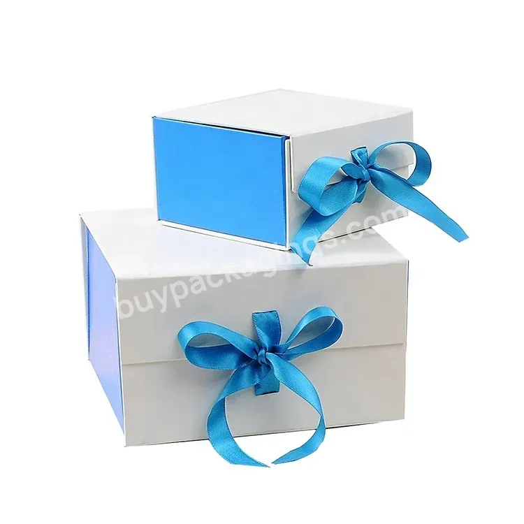 Custom Made Luxury Blue Dress Clothing Packing Folding Magnetic Gift Boxes Packaging With Ribbon