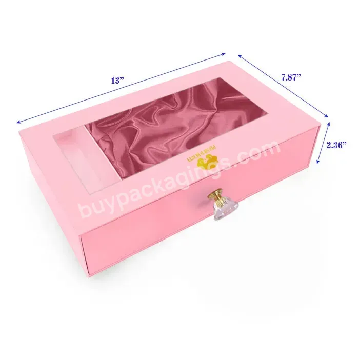 Custom Pink Hair Extensions Wigs Packaging Boxes Slide Drawer Hair Bundle Packaging Box With Satin Wig Bag For Bundles