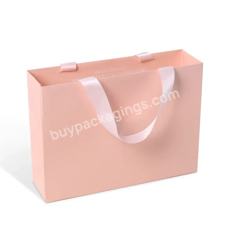Custom Printed Logo Pink Luxury Fine Paper Bag Shopping Gift Carry Gift Packaging Bag With Ribbon Handles