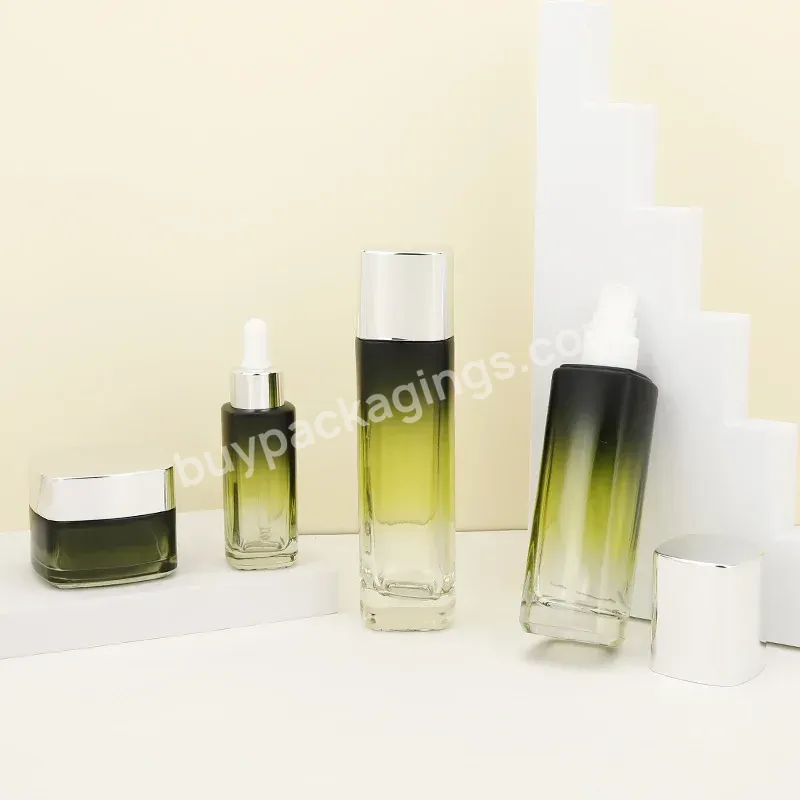 Custom Private Label Empty Luxury Glass Container For Cosmetic Square Green Gradient Cosmetic Bottle And Jar