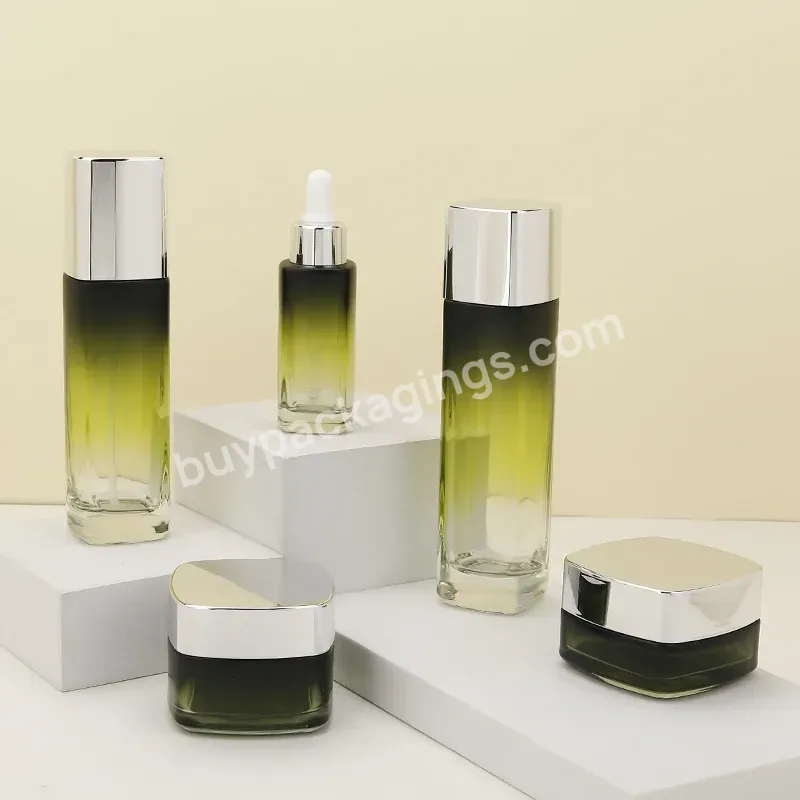 Custom Private Label Empty Luxury Glass Container For Cosmetic Square Green Gradient Cosmetic Bottle And Jar