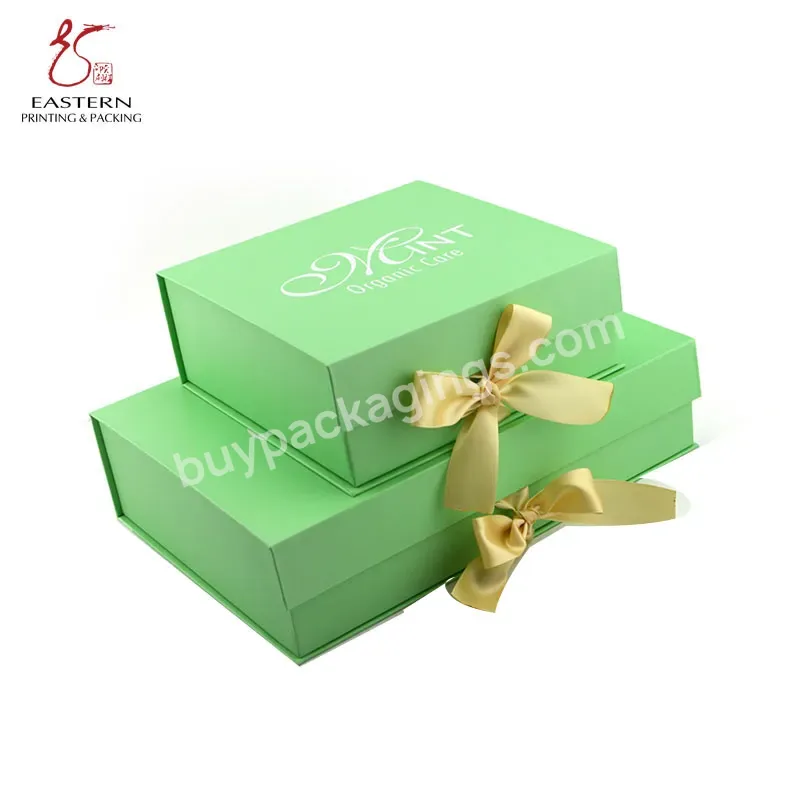 Customize Logo Printing Rigid Cardboard Paper Flap Gift Box With Ribbon And Magnets