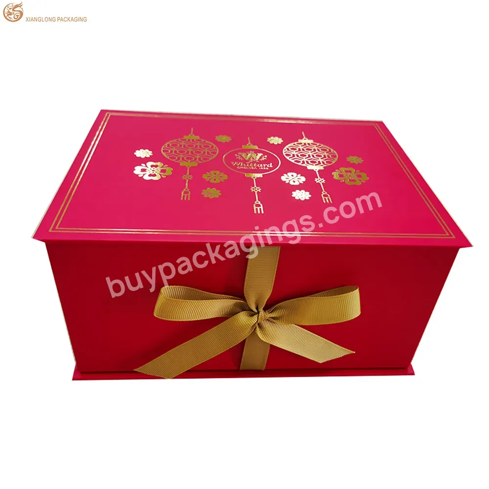 Customized Eco Friendly Red New Year Tea Box Paper Packaging Rigid Ribbon Paper Box With Paper Insert