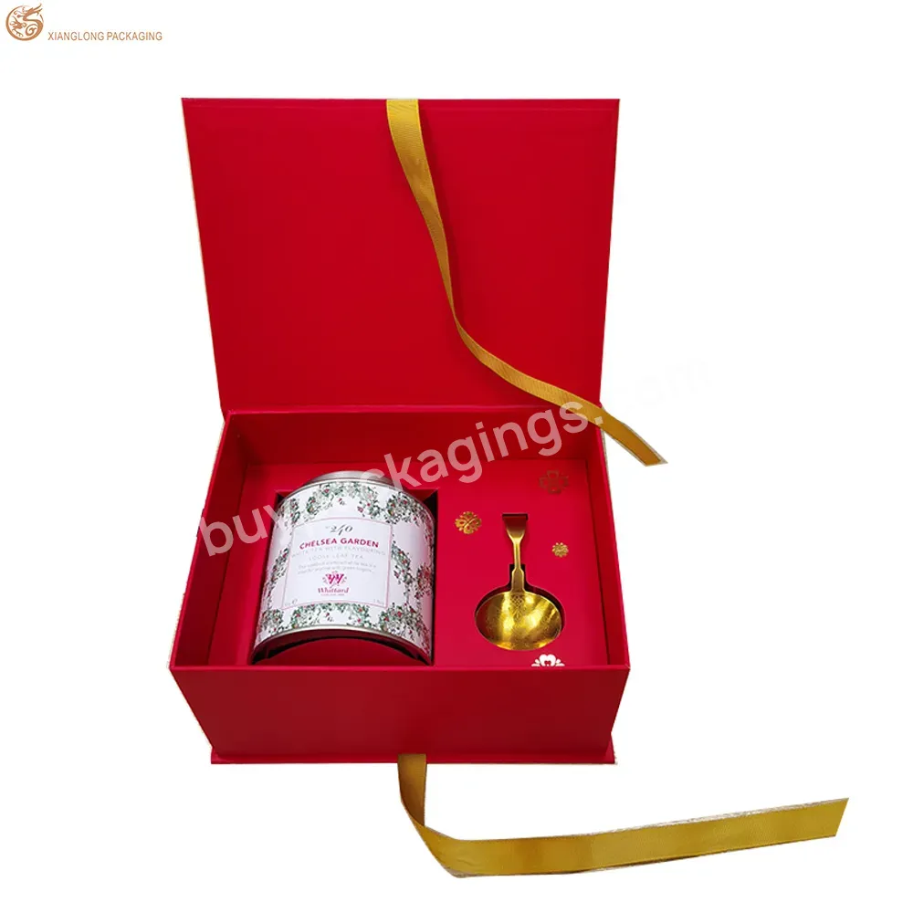 Customized Eco Friendly Red New Year Tea Box Paper Packaging Rigid Ribbon Paper Box With Paper Insert