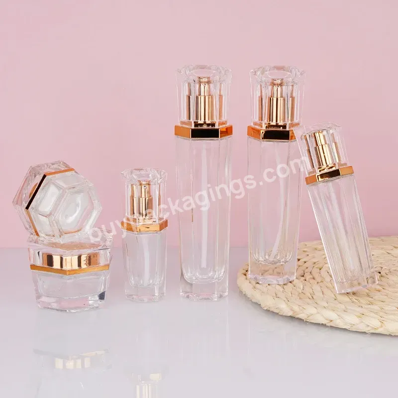 Customized Logo Thick Hexagonal Glass Containers Transparent Lotion Rotary Pump Bottle And Jar Series Cosmetic Skincare Packing - Buy Thick Hexagonal Glass Containers,Transparent Lotion Rotary Pump Bottle,Transparent Lotion Jar.