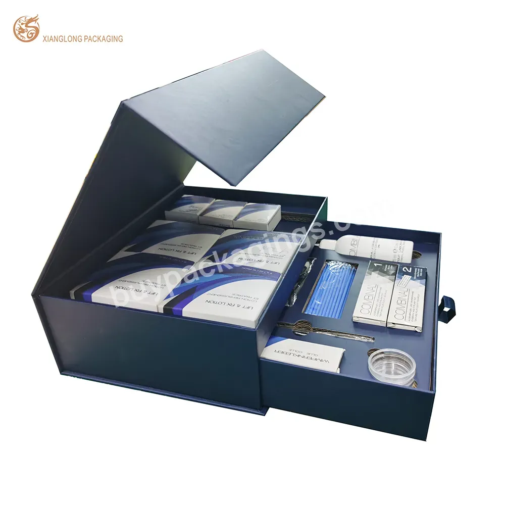 Customized Magnet Closure Two Layers Blue Color Empty Cosmetic Packaging Box Flap Top Box With Paper Insert