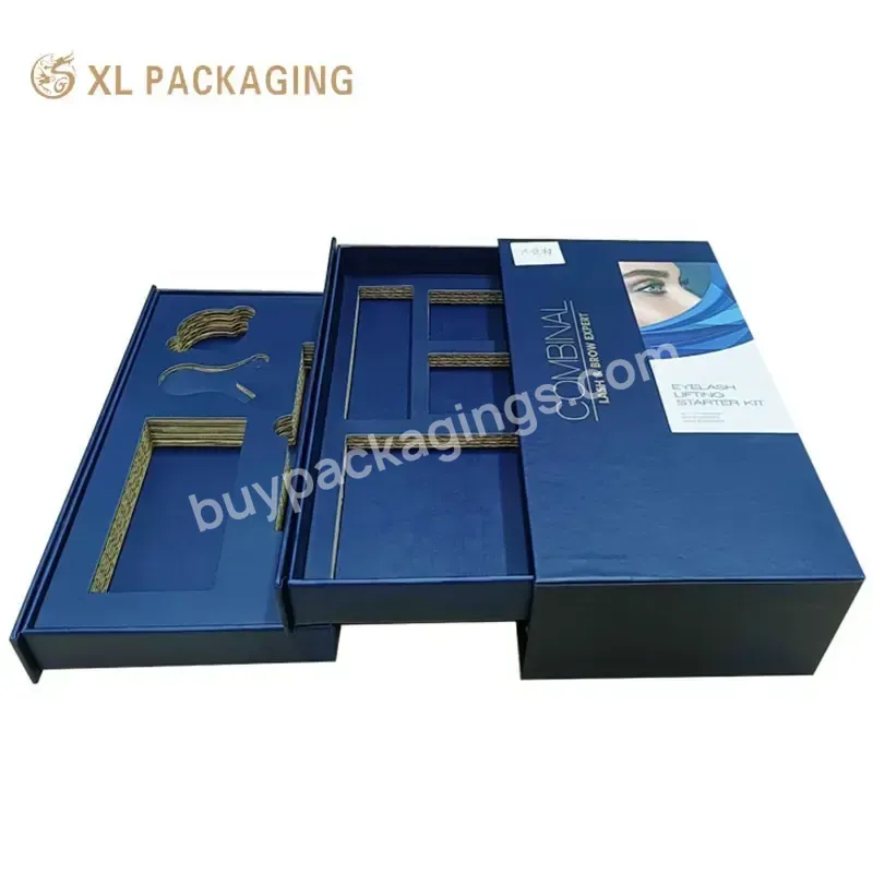 Customized Recycle Two Layers Blue Color Empty Drawer Cosmetic Packaging Box With Paper Insert