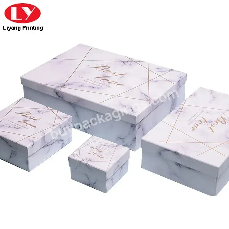 Customized Ribbon Bow White Marble Printed Paper Gift Box With Lid