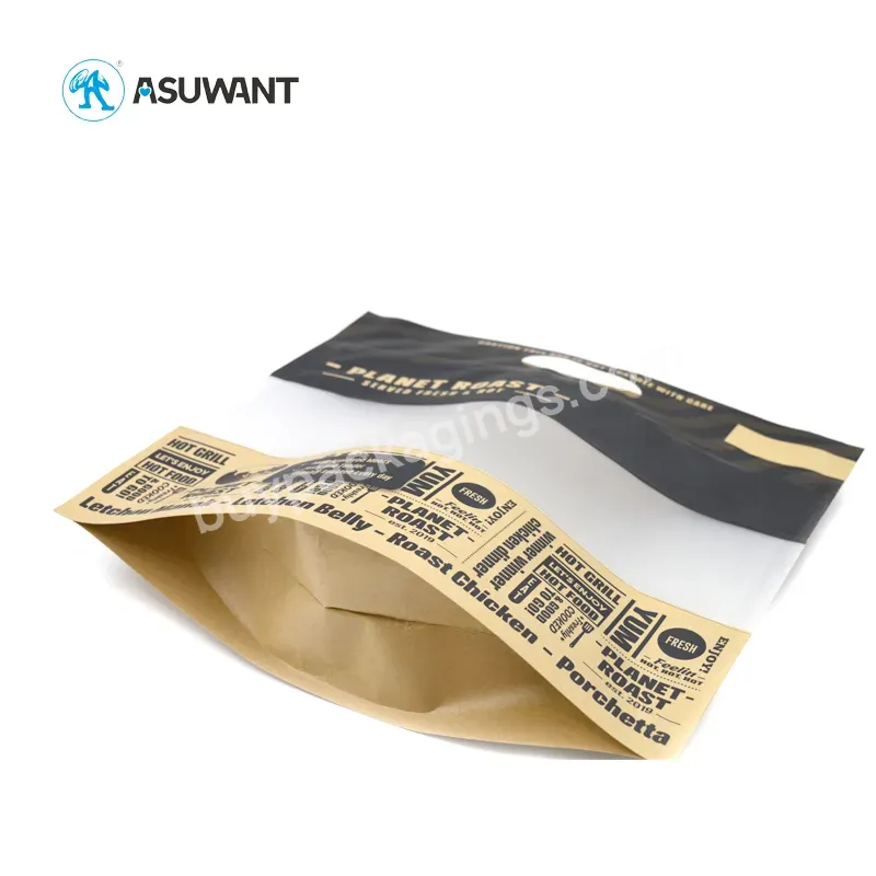 Eco-friendly Microwave Kraft Paper Foil Lined Stand Up Roasted Chicken Packaging With Matte Translucent Window