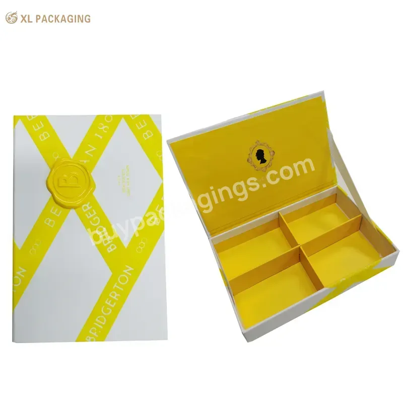 Eco Friendly Velvet Pattern Ribbon Link Magnetic Closure Cosmetic Tea Packaging Paper Gift Box With Divider