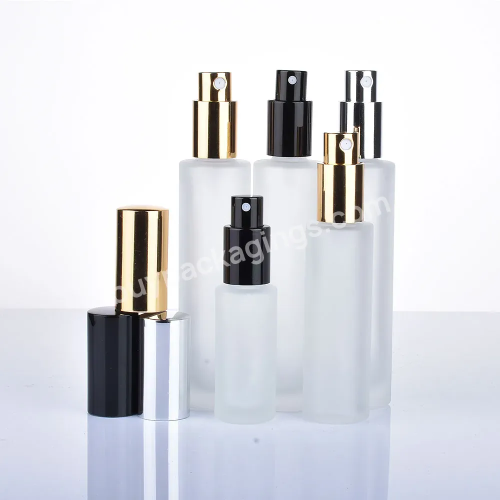 Empty Cosmetic Perfume Flat Shoulder Cylinder Refillable 30ml 50ml 100ml Frosted Glass Perfume Bottle With Aluminum Spray Cap