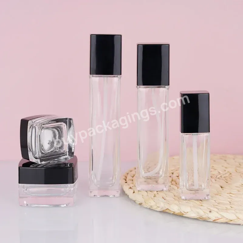 Empty Glass Cosmetic Pump Bottle Square Cosmetic Cream Jar Clear Lotion Toner Serum Skin Care Bottle Container Packaging