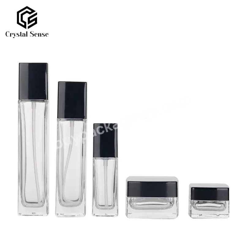 Empty Glass Cosmetic Pump Bottle Square Cosmetic Cream Jar Clear Lotion Toner Serum Skin Care Bottle Container Packaging