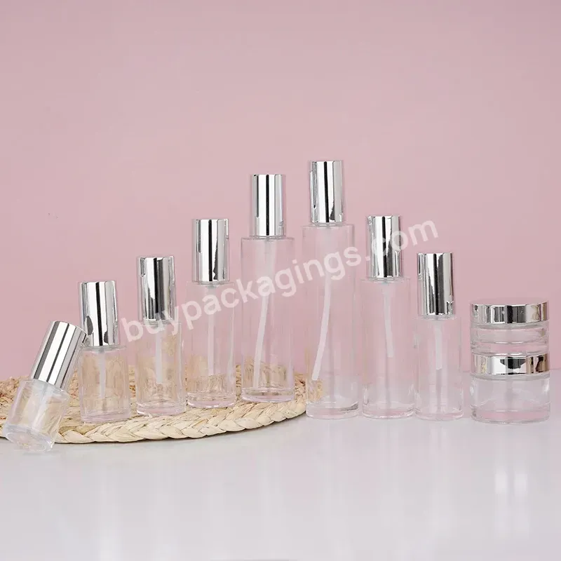 Empty Luxury Glass Cosmetic Packaging Container Flat Shoulder Cylinder Clear Cosmetic Foundation Toner Lotion Serum Pump Bottle - Buy Luxury Cosmetic Containers,Cosmetic Empty Containers,Luxury Cosmetic Packaging Container.