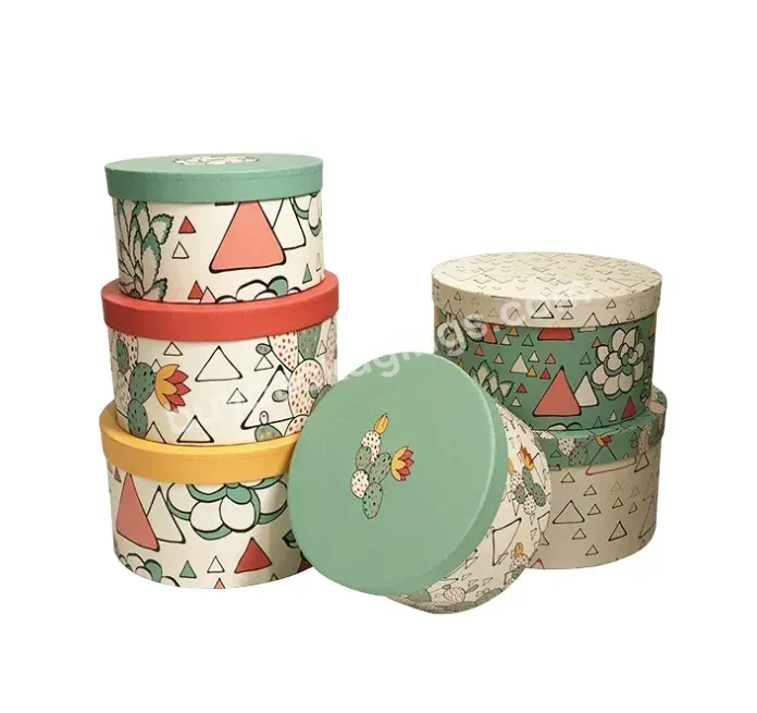 Factory Supply Stocked Antique European Round Shape Cactus Flower Patterns Paperboard Flower Gift Box Sets