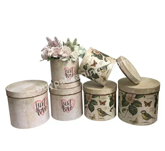 Factory Supply Stocked Antique Patterns Round Barrel Shape Paperboard Flower Gift Box Sets For Mothers' Day