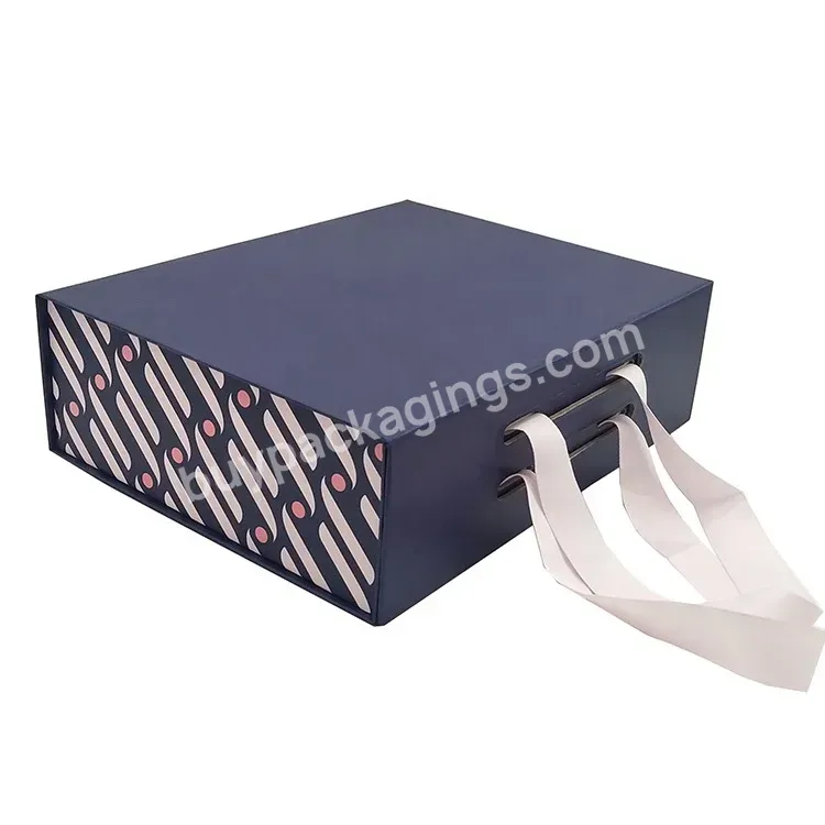 Fancy Custom Printed Paper Collapsible Magnetic Close Flap Clothes Gift Box With Ribbon Handle