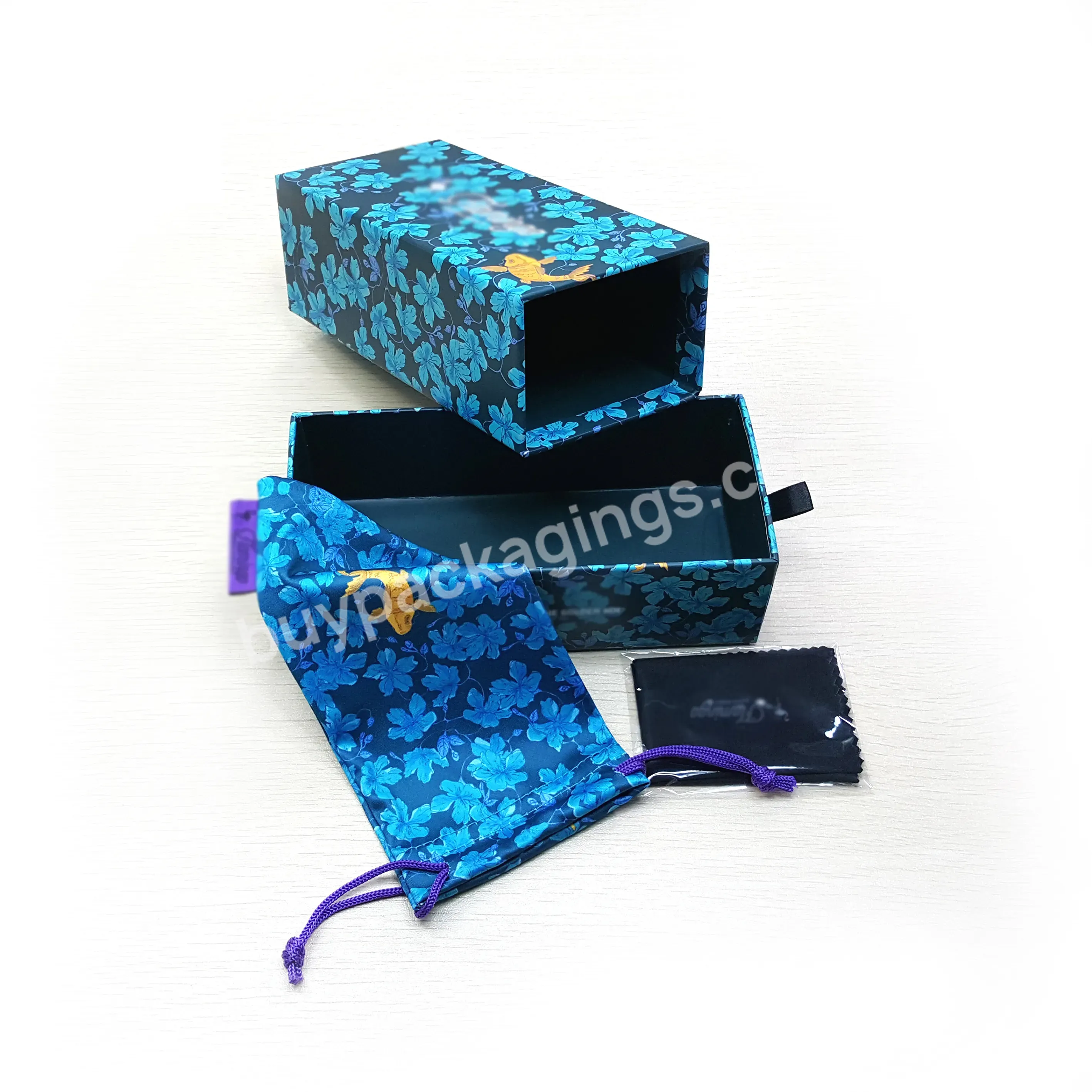 Fancy Luxury Custom Sunglasses Eyewear Cardboard Drawer Packaging Eyewear Paper Box With Drawstring Cloth Bag