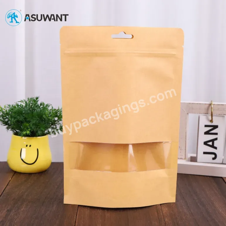 Food Grade Kraft Paper Stand Up Zipper Lock Packaging Bag With Transparent Display Window