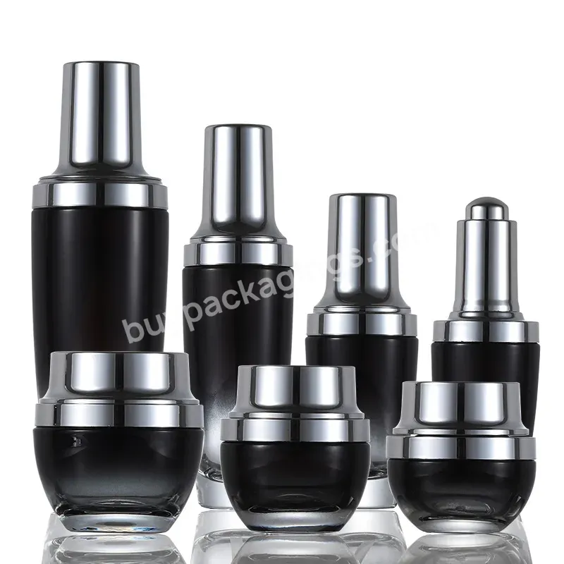 Free Sample Luxury Skincare Glass Bottle Set 100ml Black Eye Cream Jar 30ml Dropper Bottle 50ml Serum Lotion Bottle With Pump