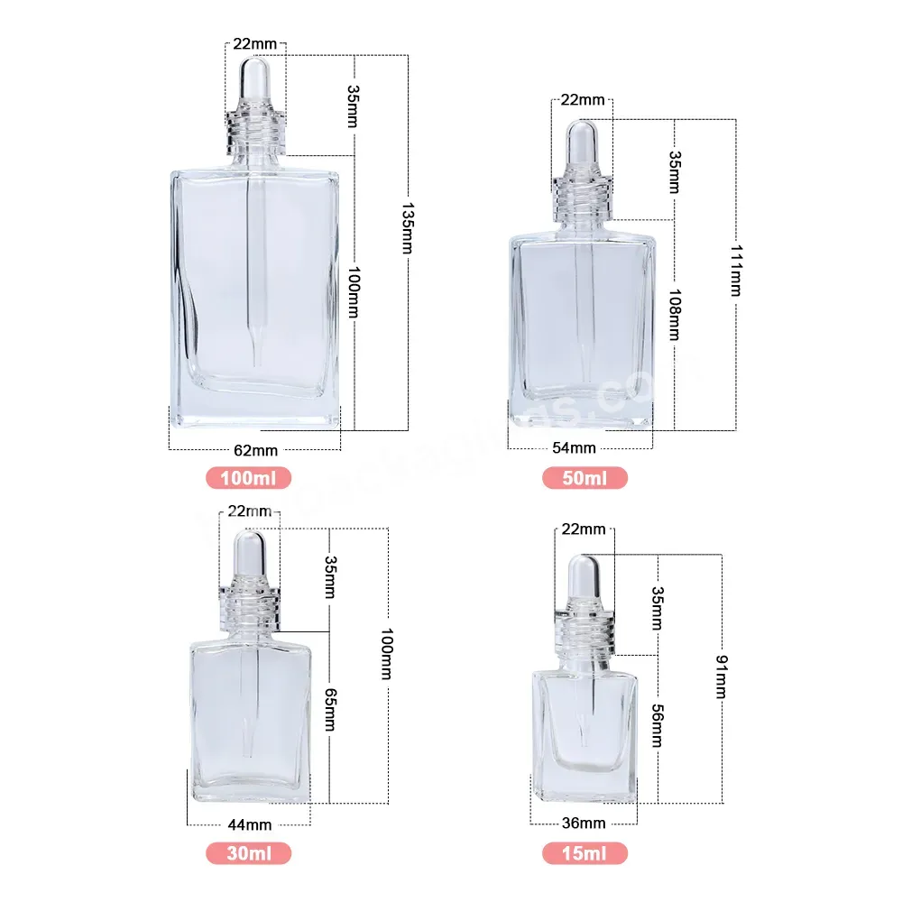 Free Samples Luxury Manufacturer Empty 30ml 50ml 100ml Square Rectangle Glass Perfume Dropper Bottle With Clear Rubber Head