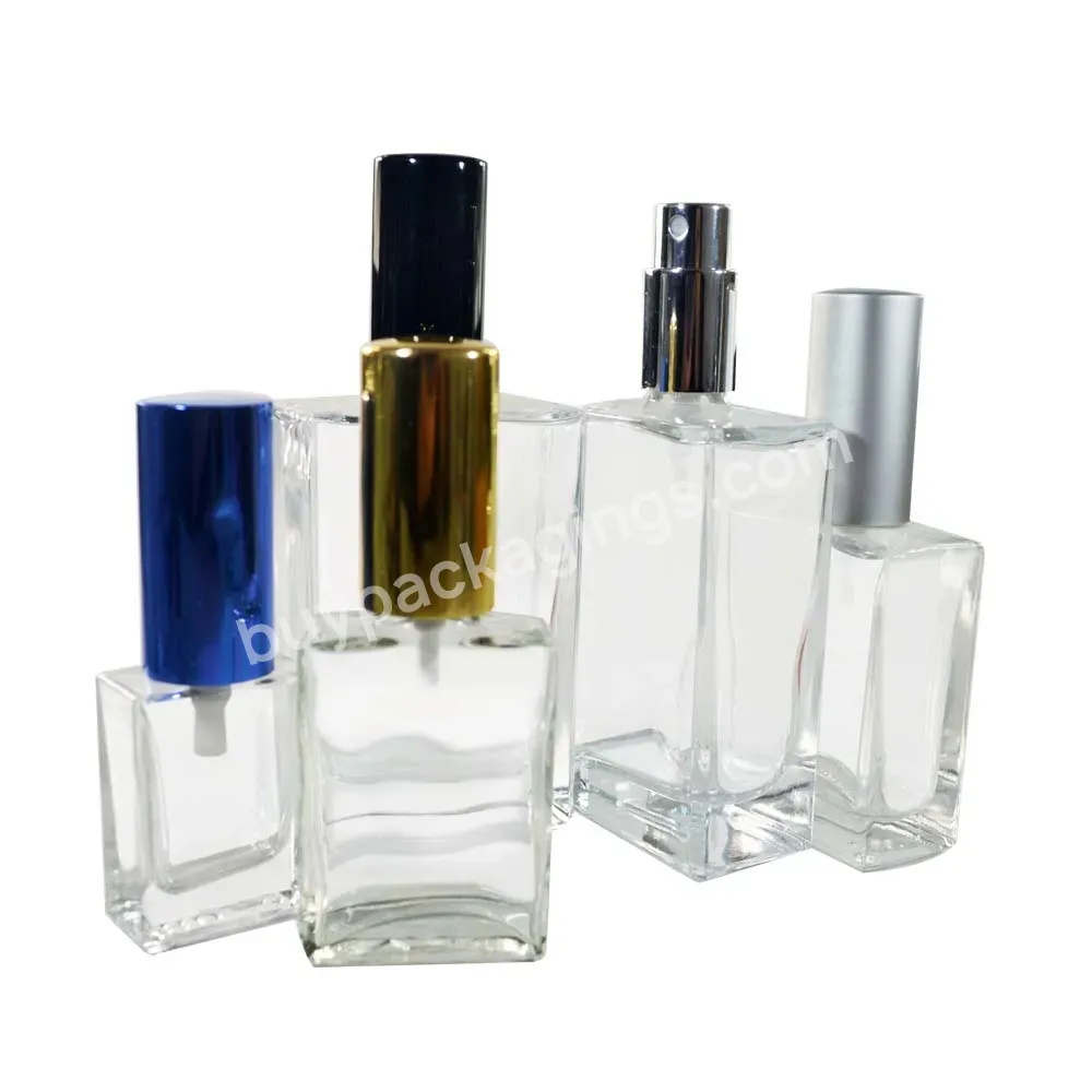 Free Samples Luxury Manufacturer Empty 30ml 50ml 100ml Square Rectangle Glass Perfume Mist Spray Bottle With Silver Aluminum Lid