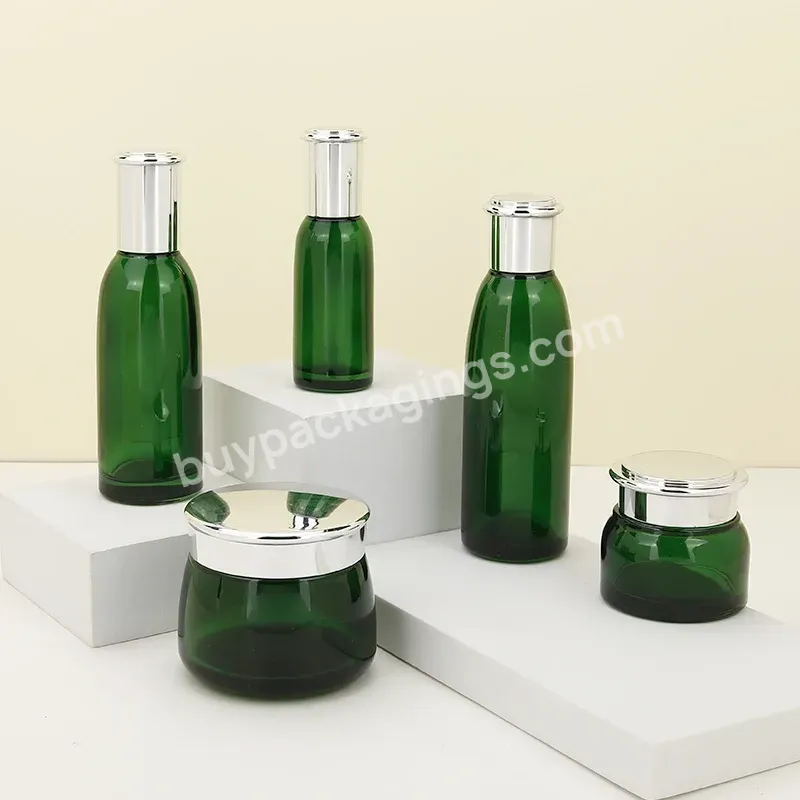 Green Skincare Lotion Serum Bottle 40ml 100ml 120ml Green Glass Cosmetic Pump Bottle 50g 30g Green Glass Cosmetic Jar