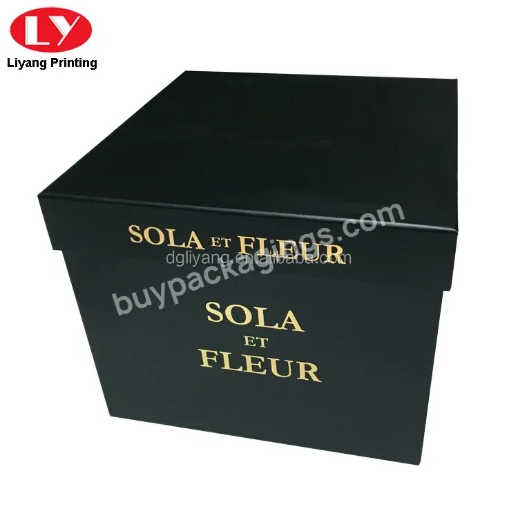Hat Box Design Gift Packaging Paper Custom Gold Logo Black Square Flower Box