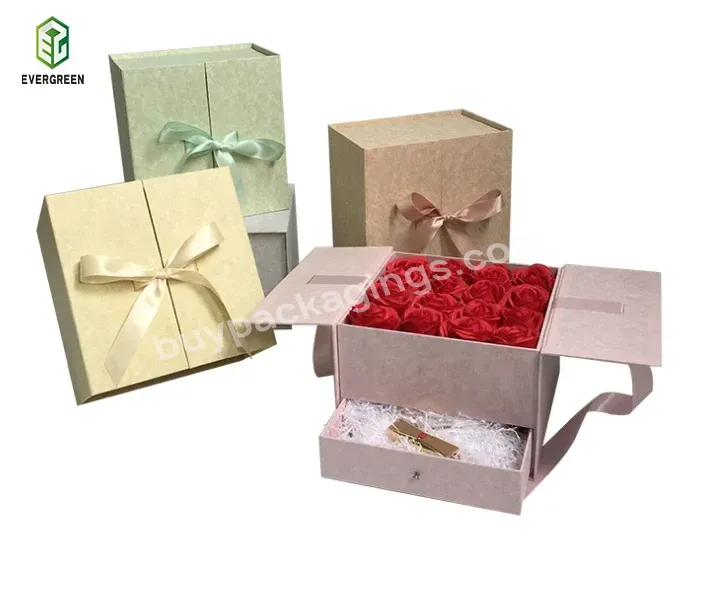 High Quality Luxury Rigid Cardboard Packaging Two Door Flower Gift Package Boxes With Satin With Drawer
