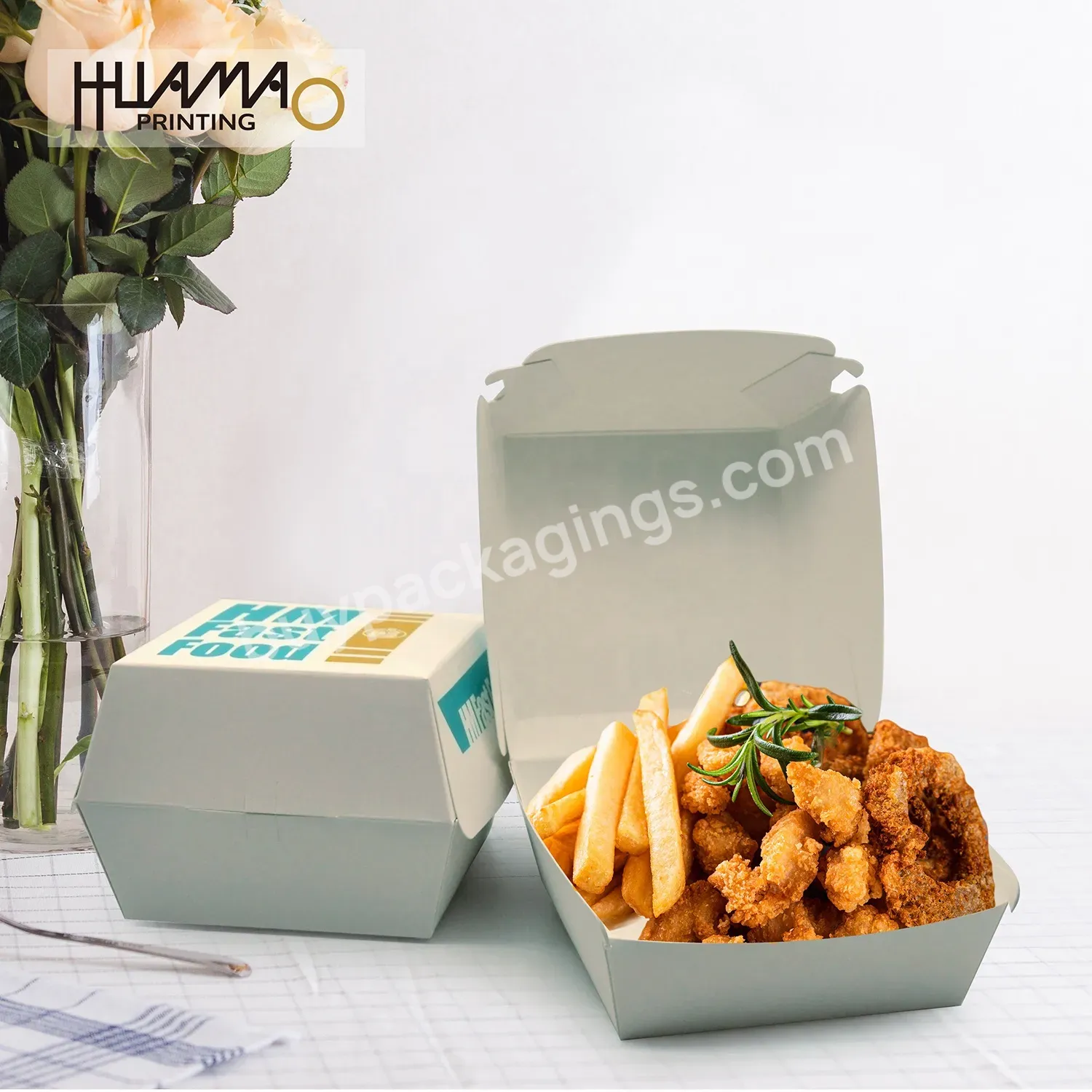 Huamao Custom Customised Package Stickers Cardboard Paper Bag Ever Paper Mills Bolsa Papel Kraft Cajas Para Cake Burger Box