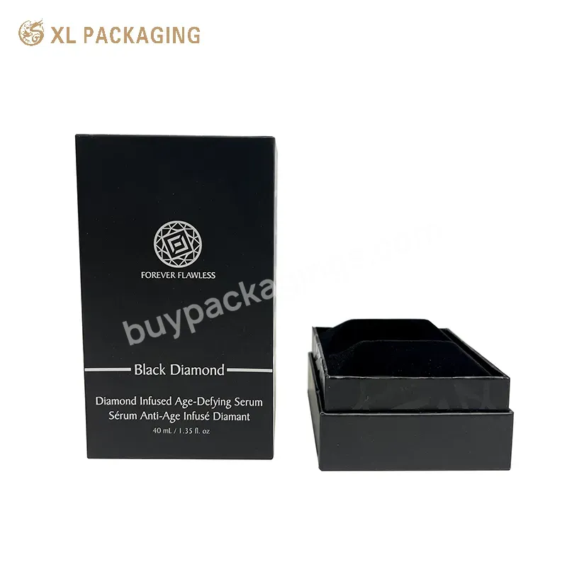 Lid And Base Black Box Silver Foil Logo Skin Care Lid Base Packaging Box Oil Bottle Paper Box For Perfume With Flocking Tray