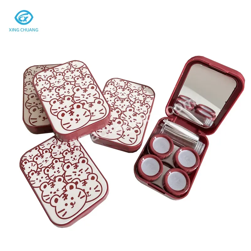 Little Tiger Pattern Two Pairs Of Contact Lenses Red Contact Lens Case With Mirror Contact Lens Storage Box